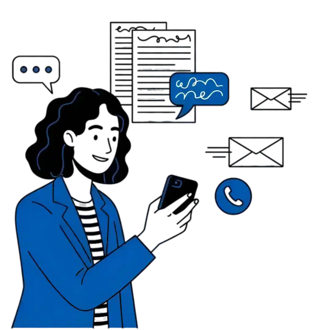 Woman using phone to contact support and get in touch for assistance with services including online calculators.