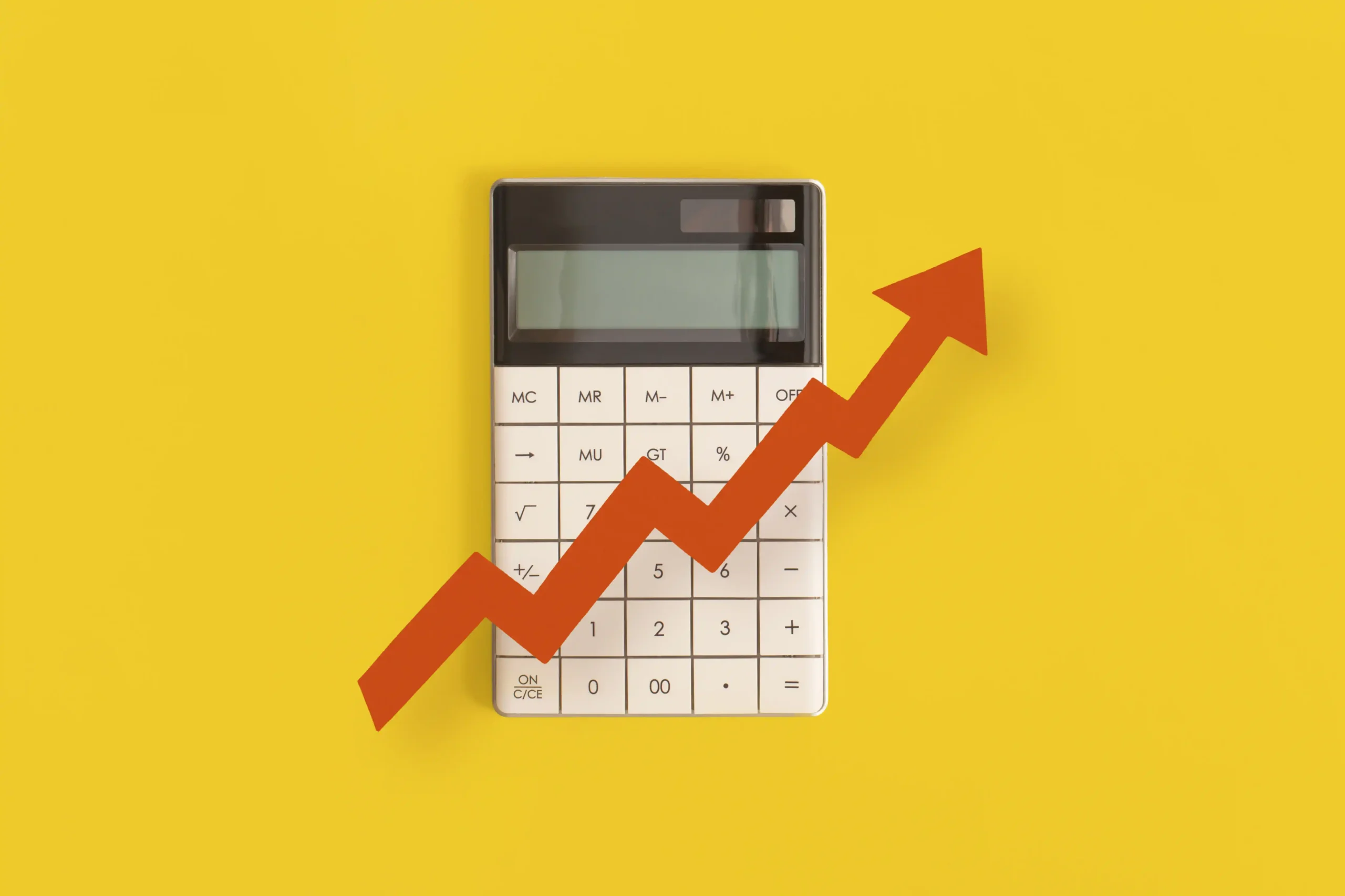 interest calculator with upward growth arrow on yellow background