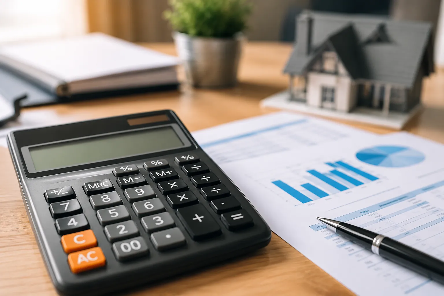 Financial calculator with mortgage documents and charts on desk