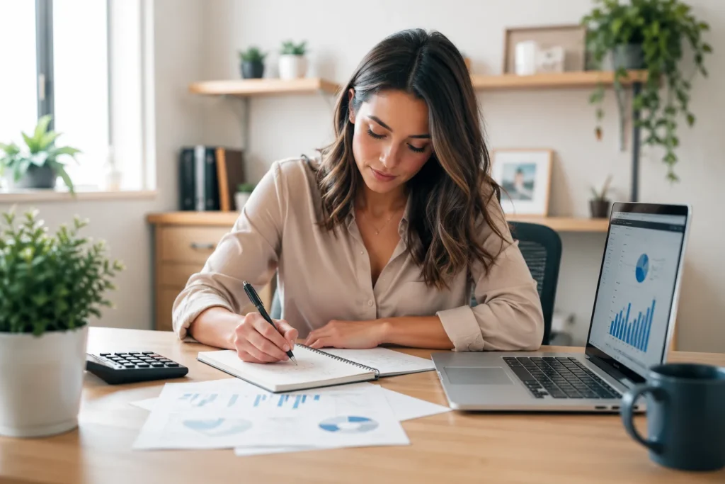 Person calculating simple and compound interest on laptop