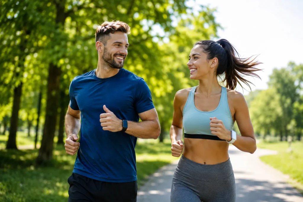 Young man and woman jogging together in park for healthy BMI