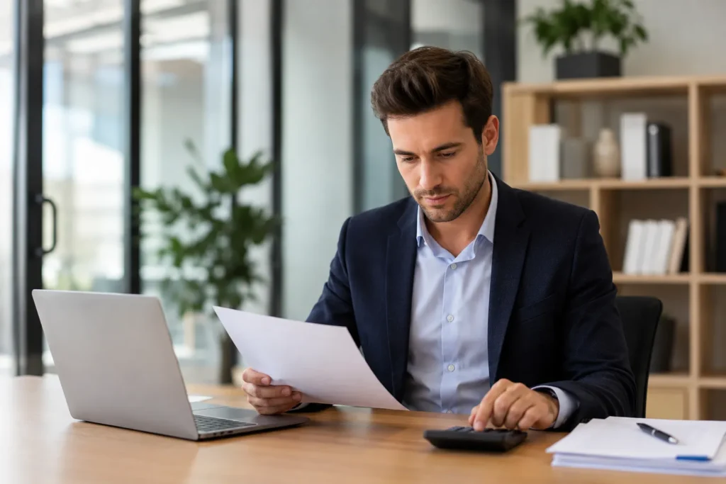 Young professional calculating personal loan monthly payment on laptop
